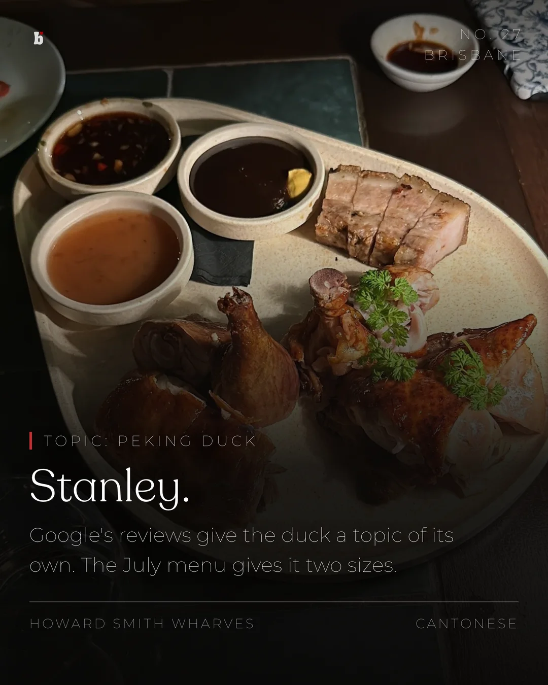 Stanley, chopped roast duck and crispy pork with sauces