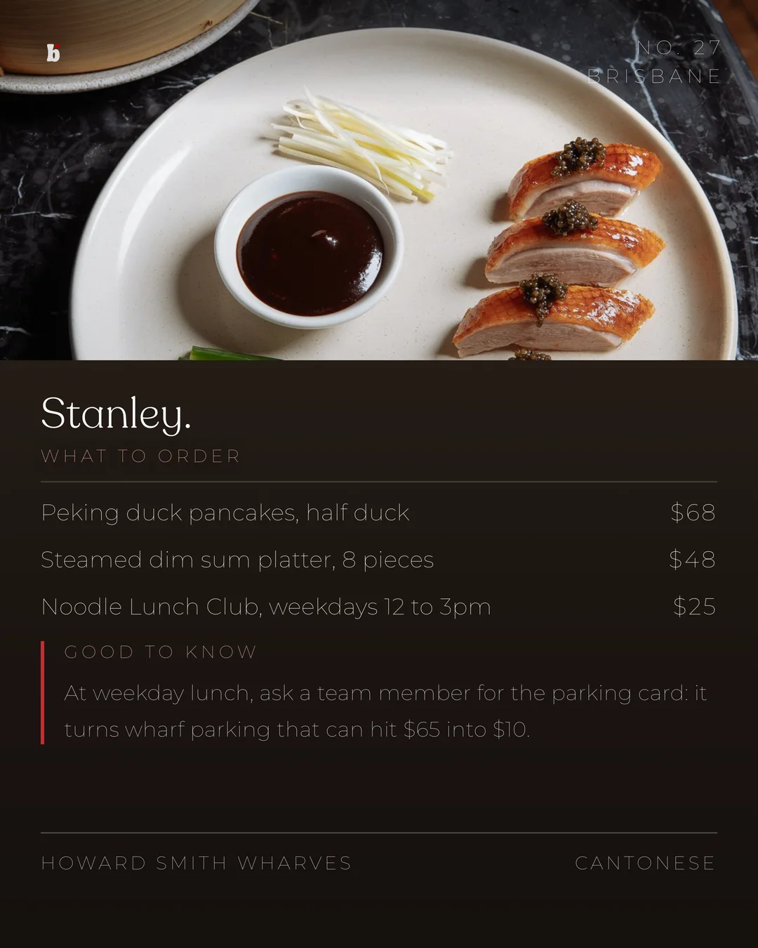 Stanley, what to order and the parking card