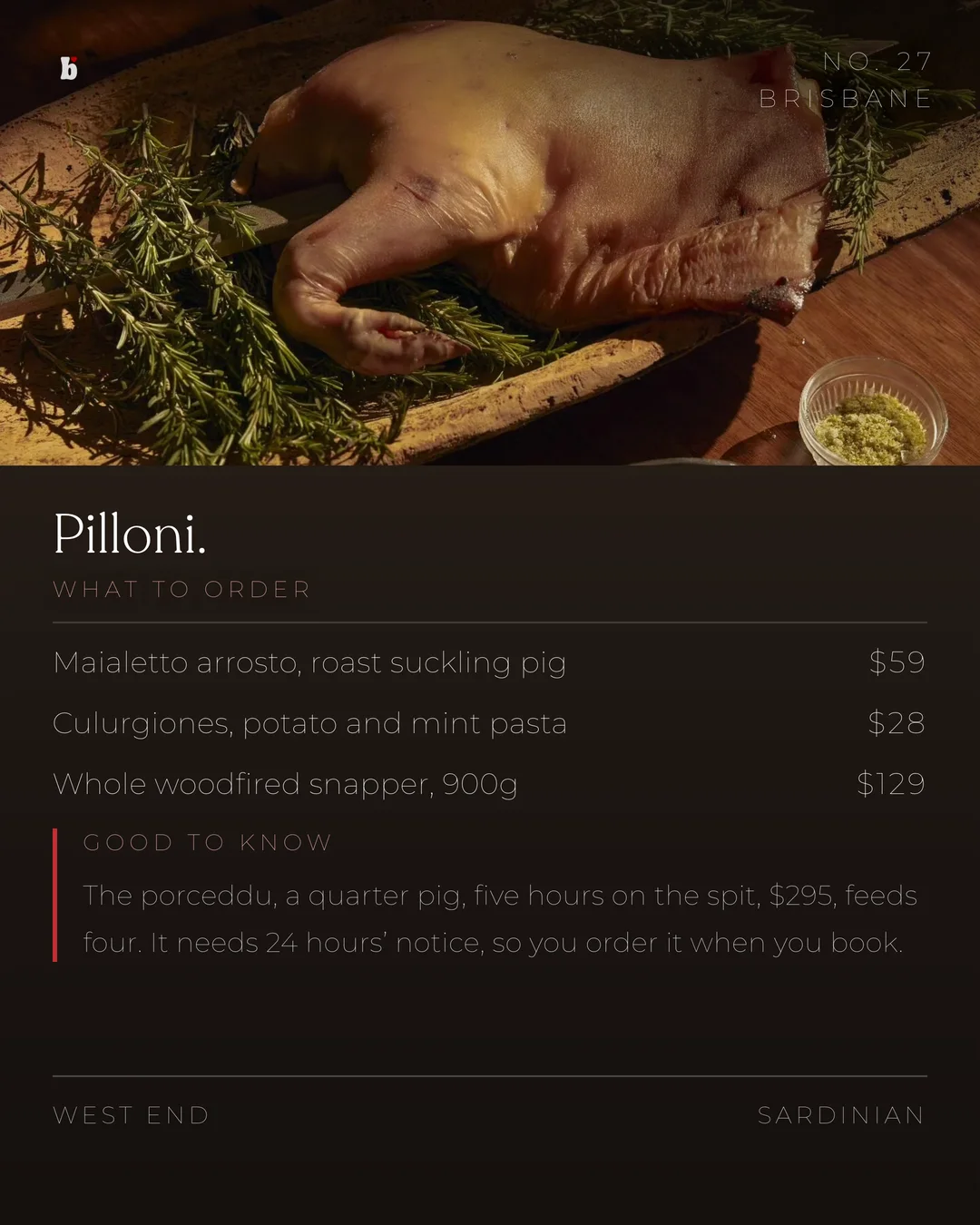 Pilloni, what to order and the porceddu preorder