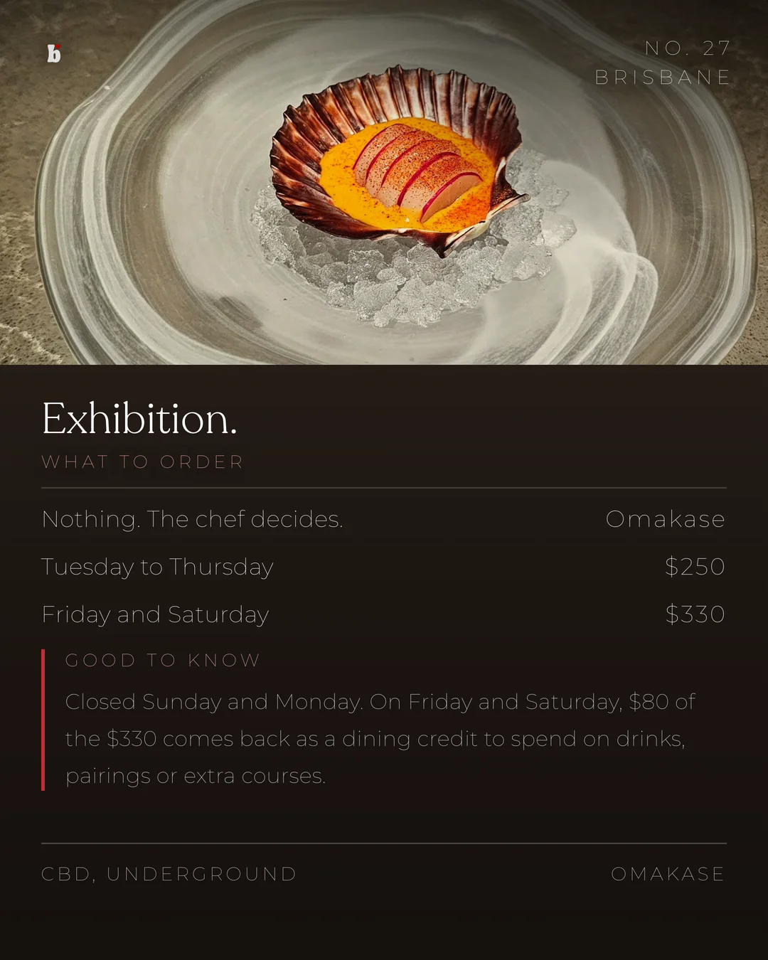 Exhibition, omakase pricing